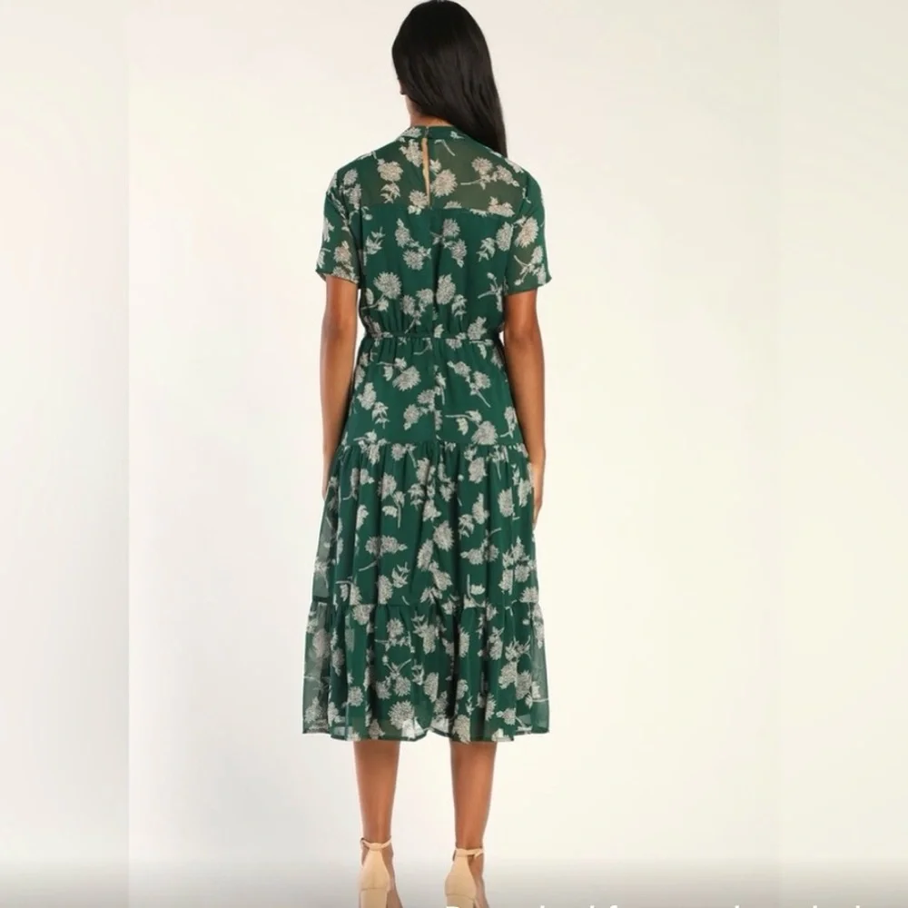 LULU’S Green White Floral Midi Dress | Sheer Sleeve | Mock Neck | Fit Flowy Glam - Picture 2 of 12